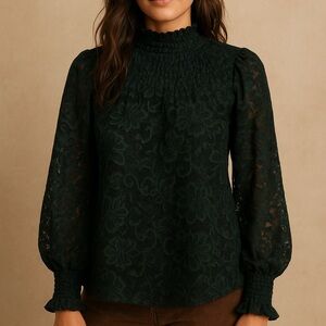 Cable and Gauge Dark Green Floral Lace Long Sleeve Mock Neck Blouse NWT
